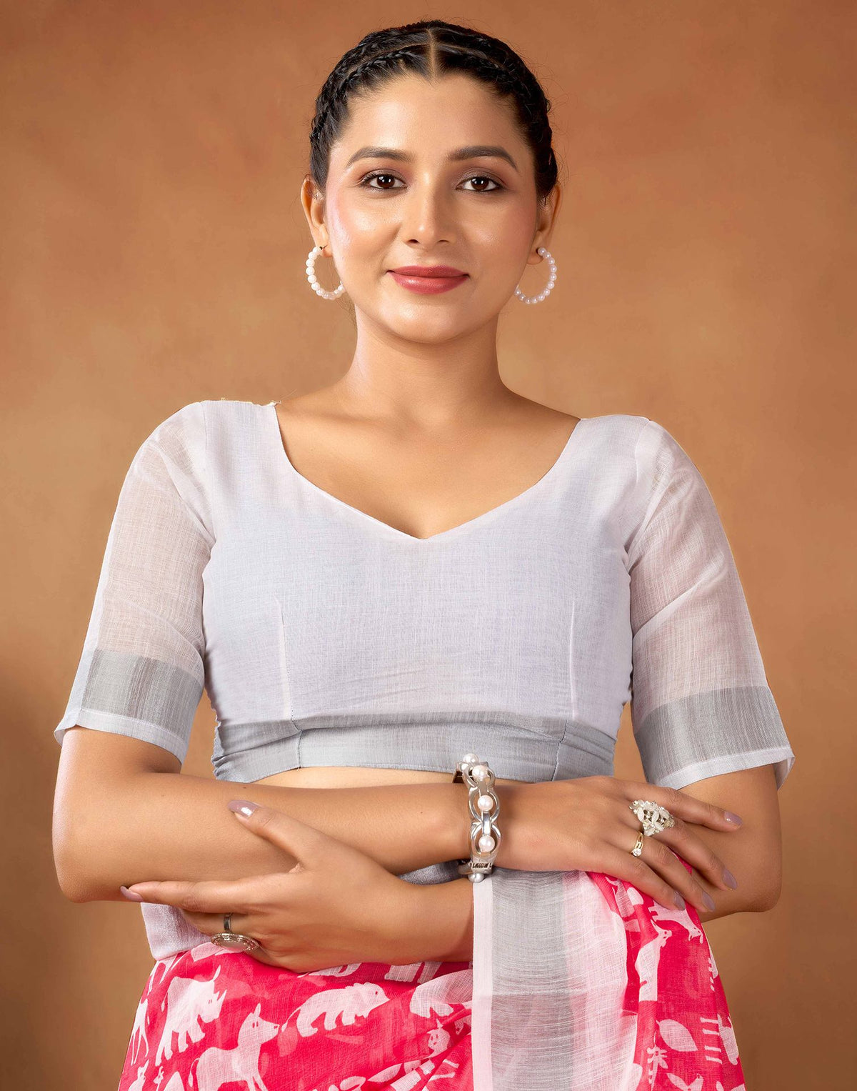 Coral Red Cotton Linen Printed Saree