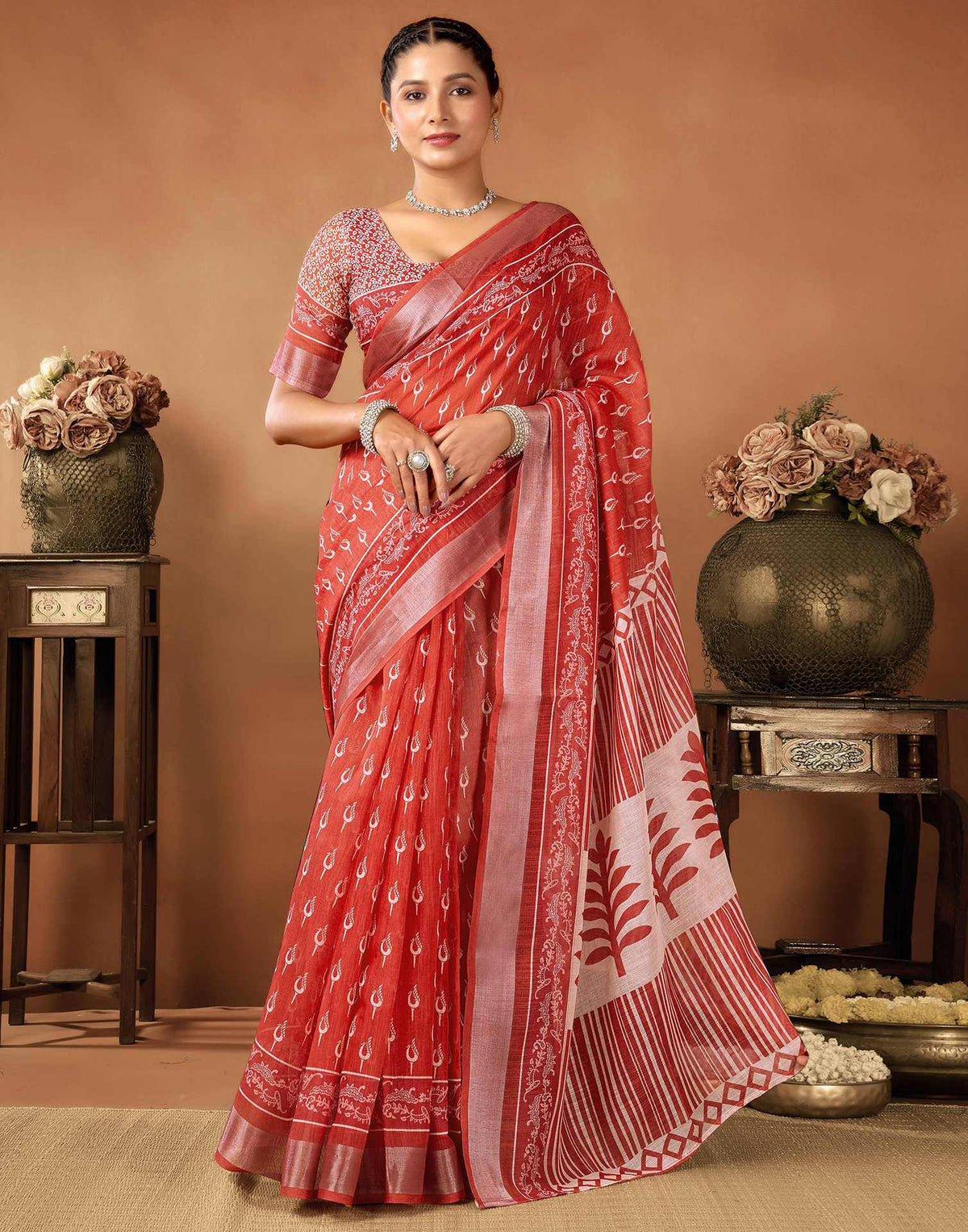 Rust Cotton Linen Printed Saree