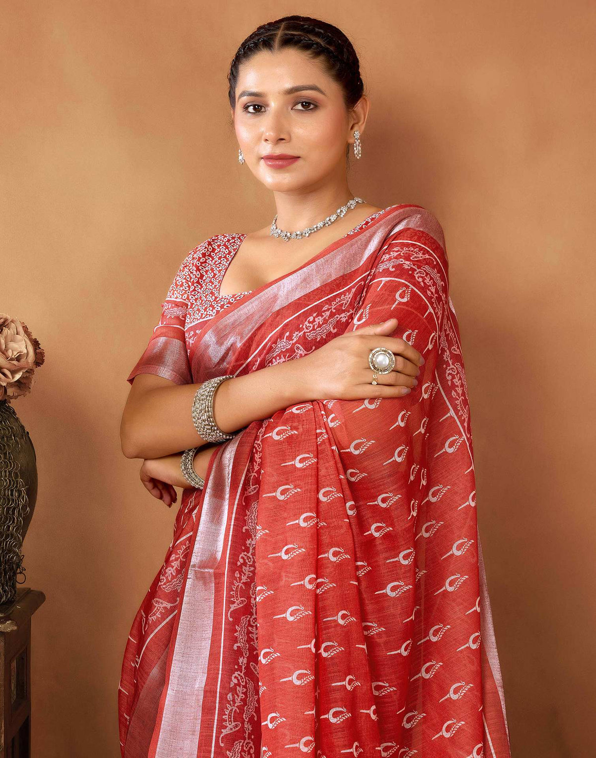 Rust Cotton Linen Printed Saree