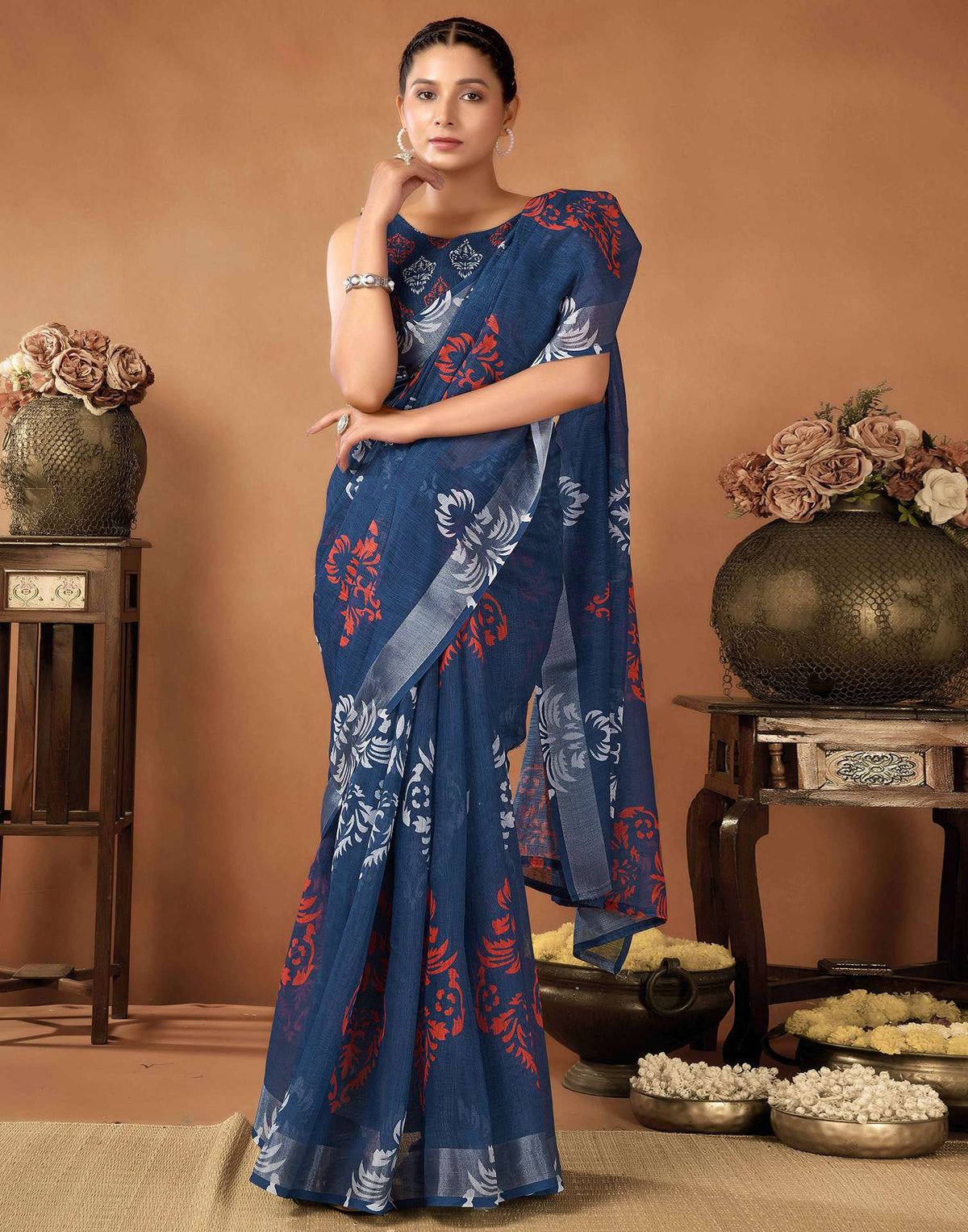 Navy Blue Cotton Linen Printed Saree