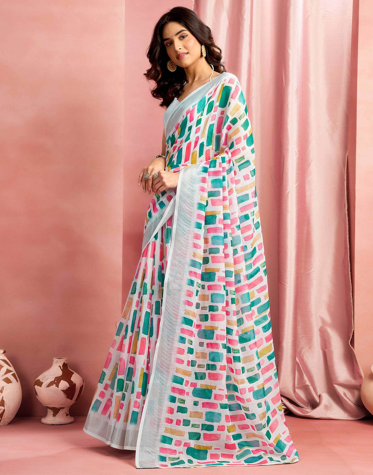 White Cotton Linen Printed Saree