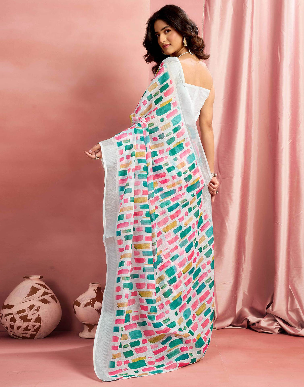 White Cotton Linen Printed Saree