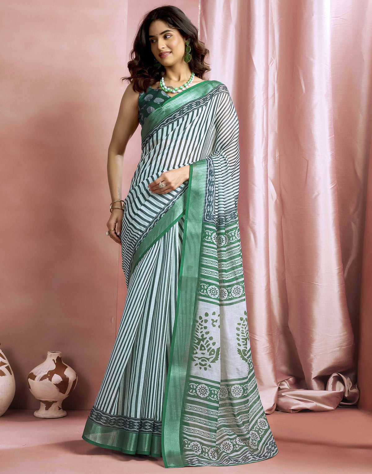 White Cotton Linen Printed Saree