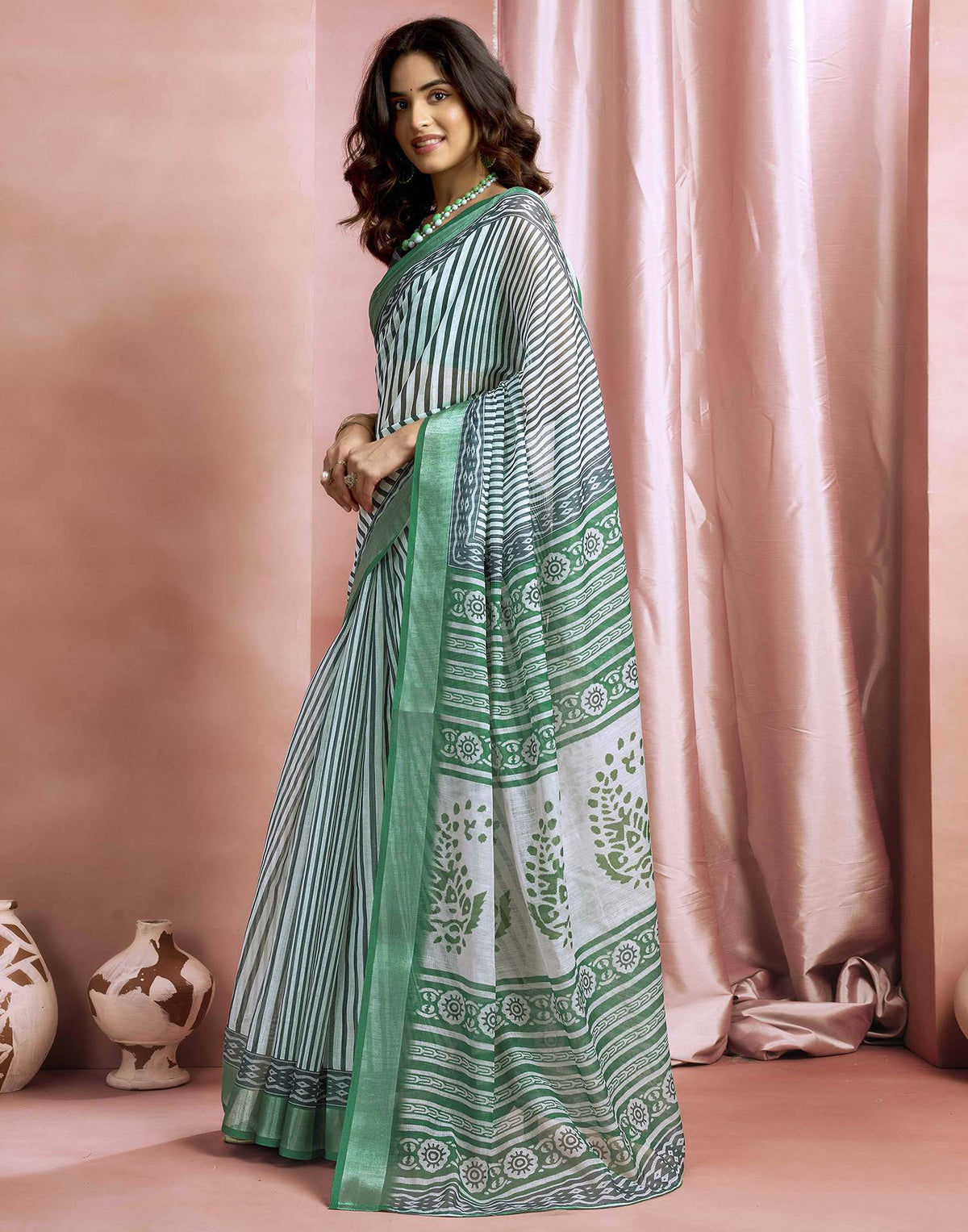 White Cotton Linen Printed Saree