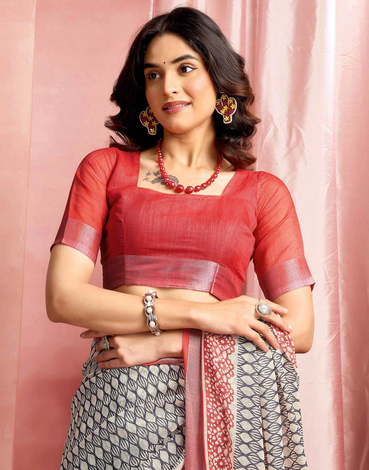 Beige Cotton Linen Printed Saree