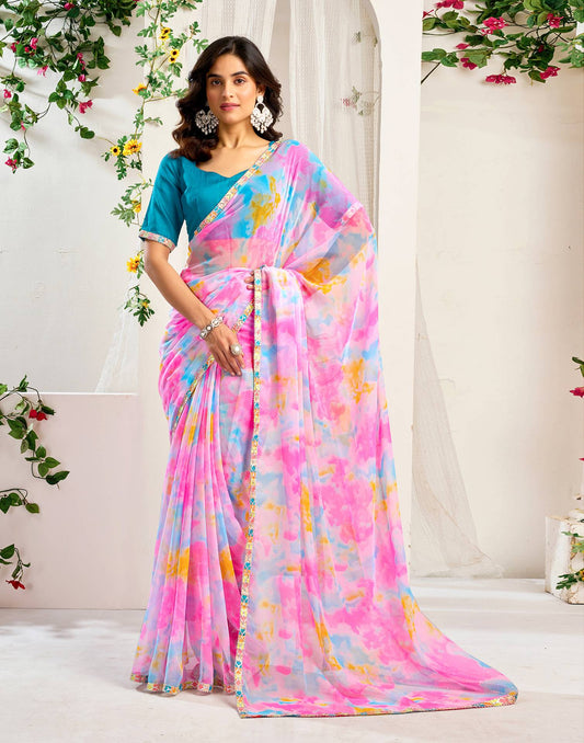 Pink Georgette Printed Saree