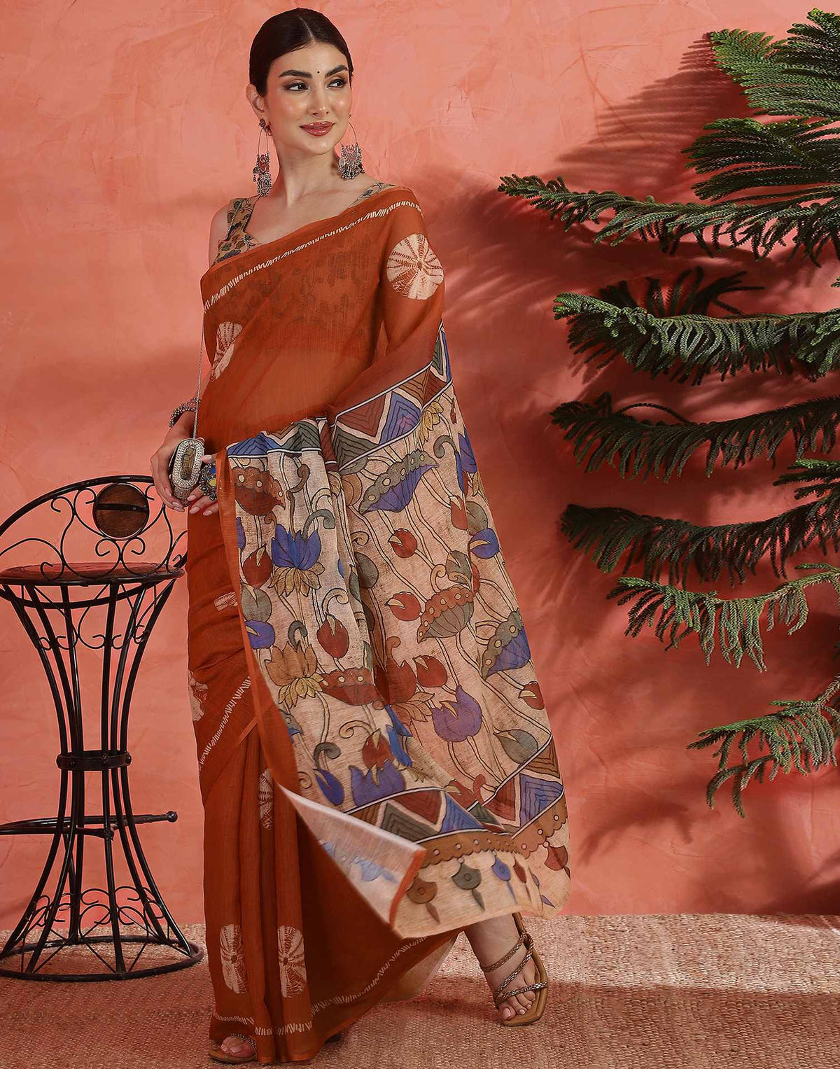 Orange Linen Printed Saree