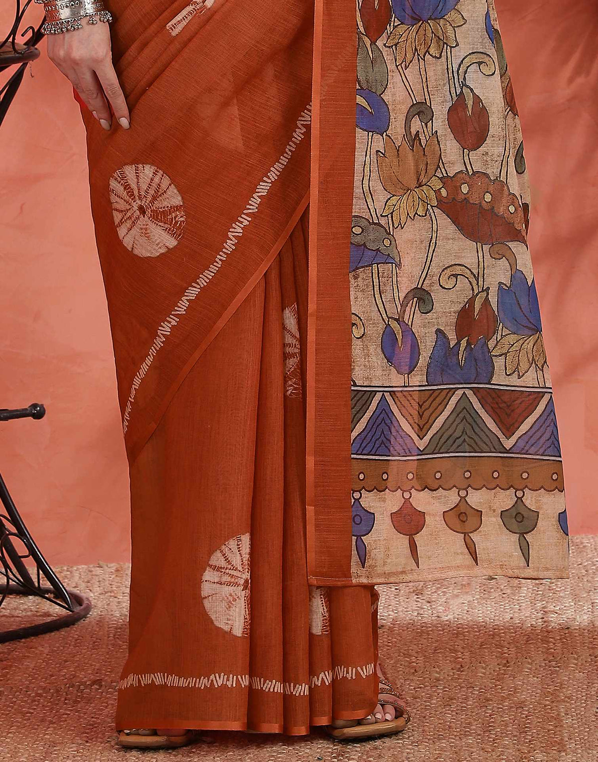 Orange Linen Printed Saree