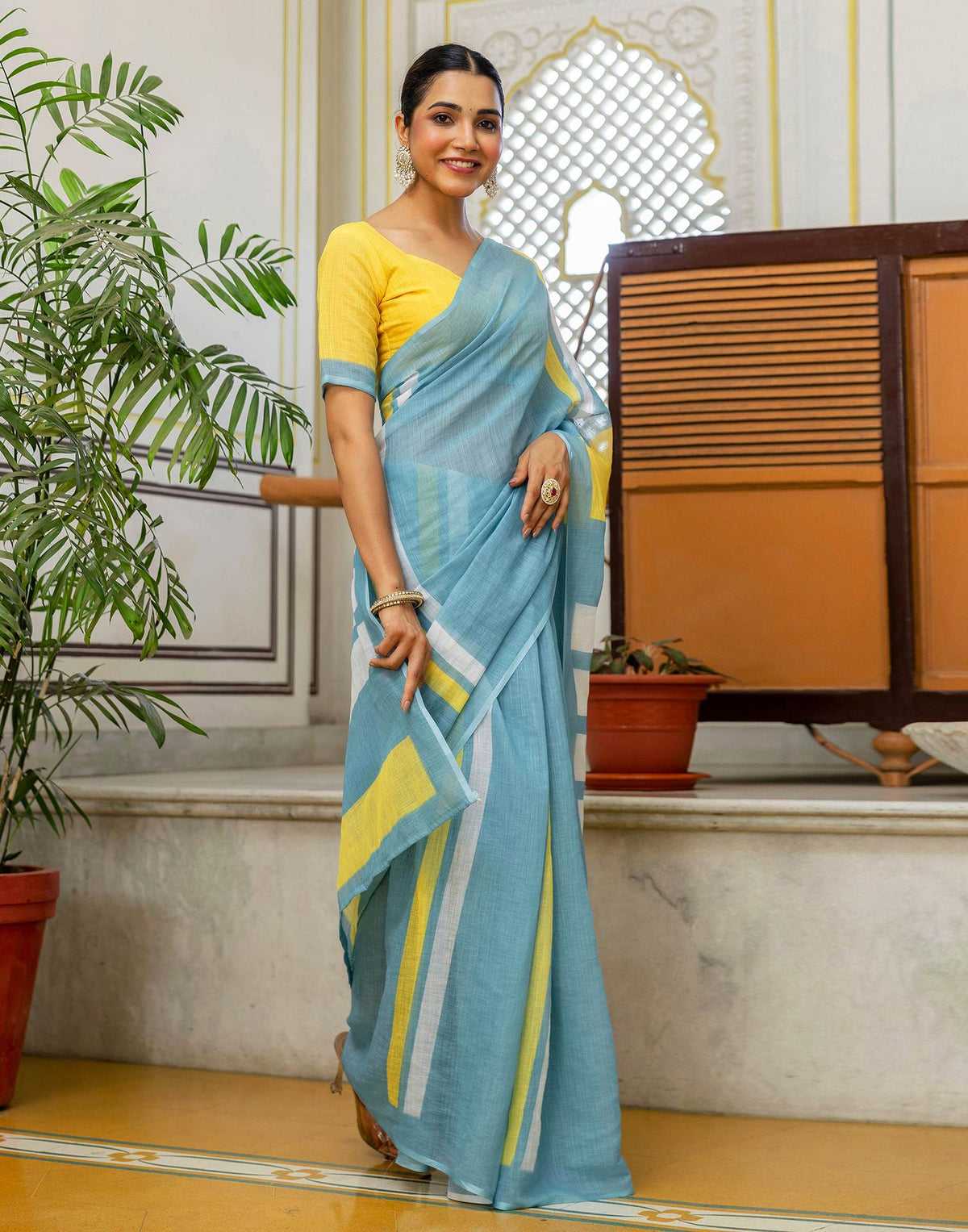 Light Teal Blue Linen Printed Saree