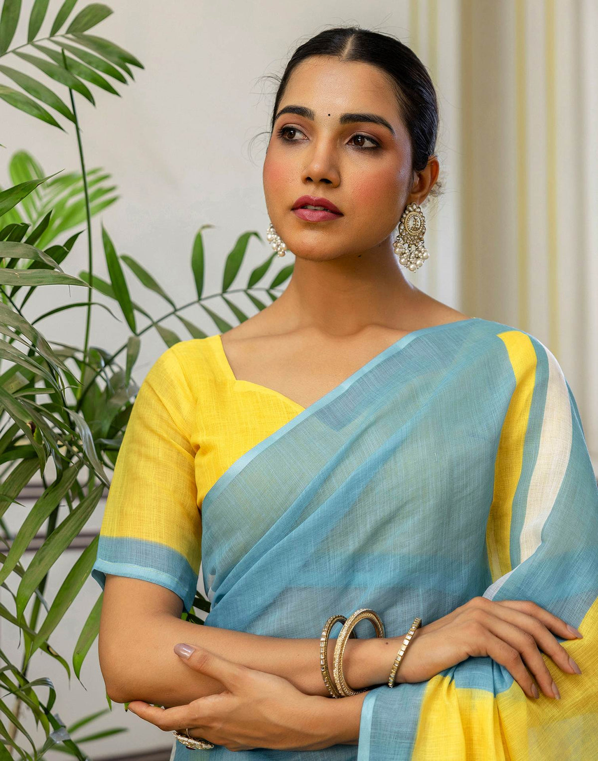 Light Teal Blue Linen Printed Saree