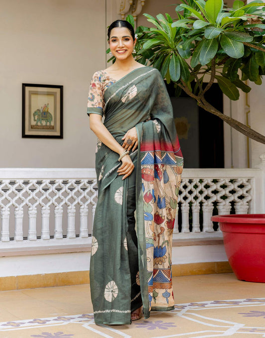 Dark Sage Green Linen Printed Saree