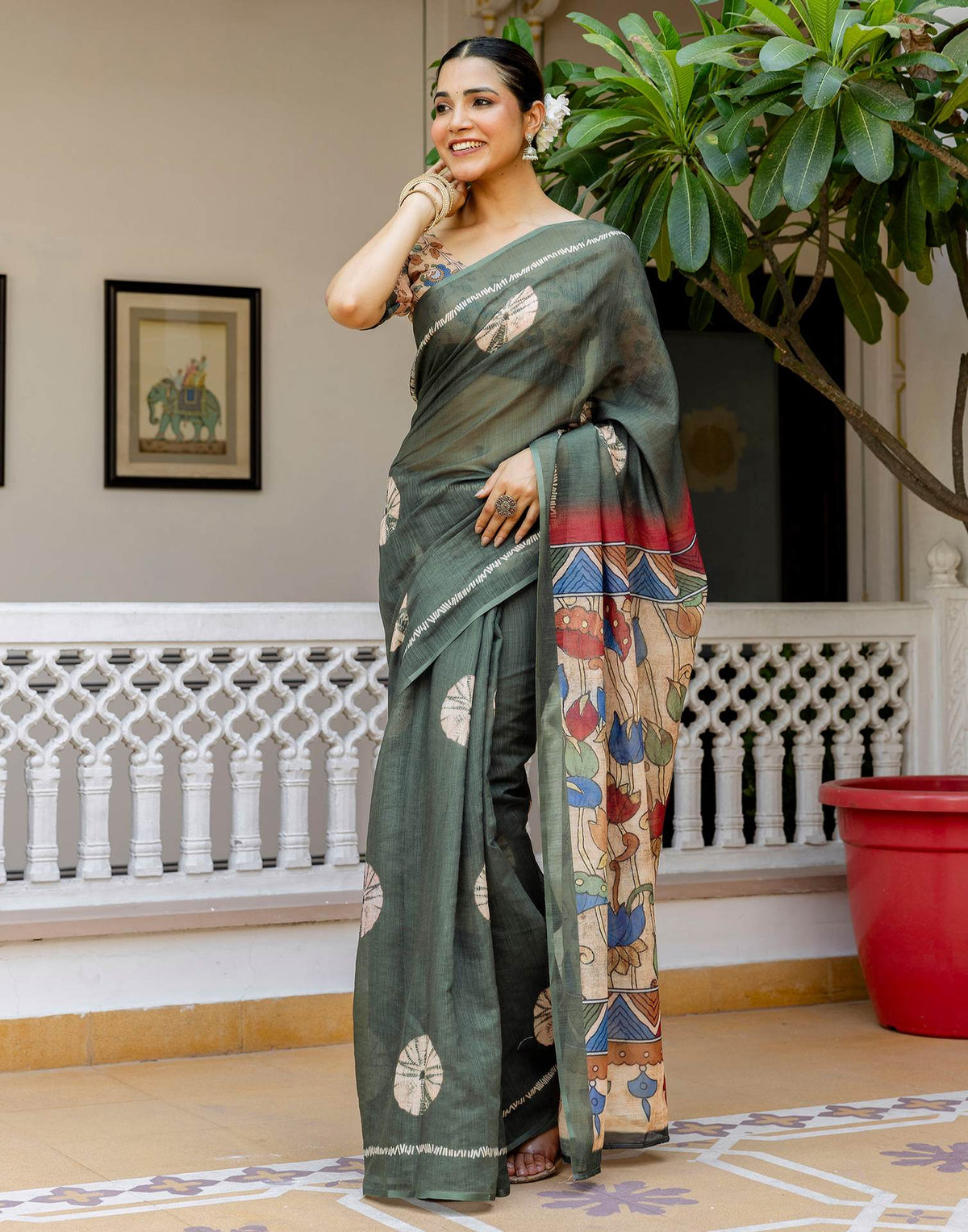 Dark Sage Green Linen Printed Saree