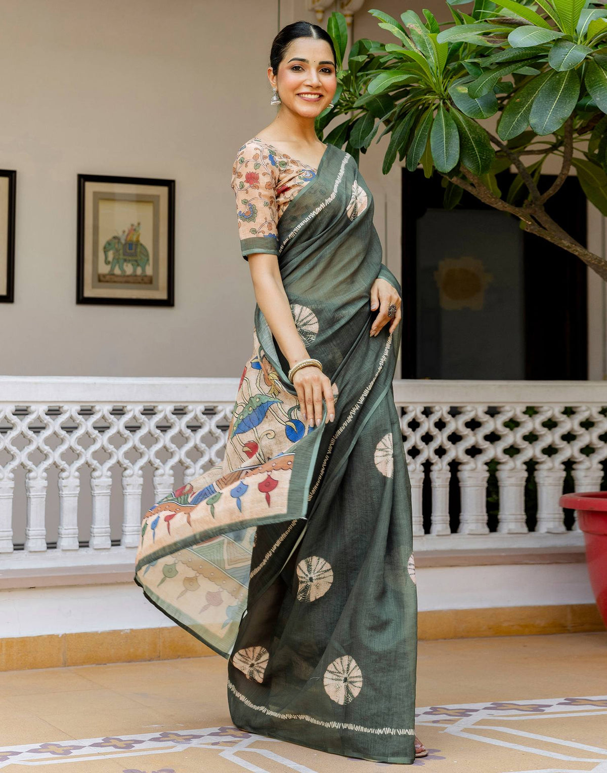 Dark Sage Green Linen Printed Saree