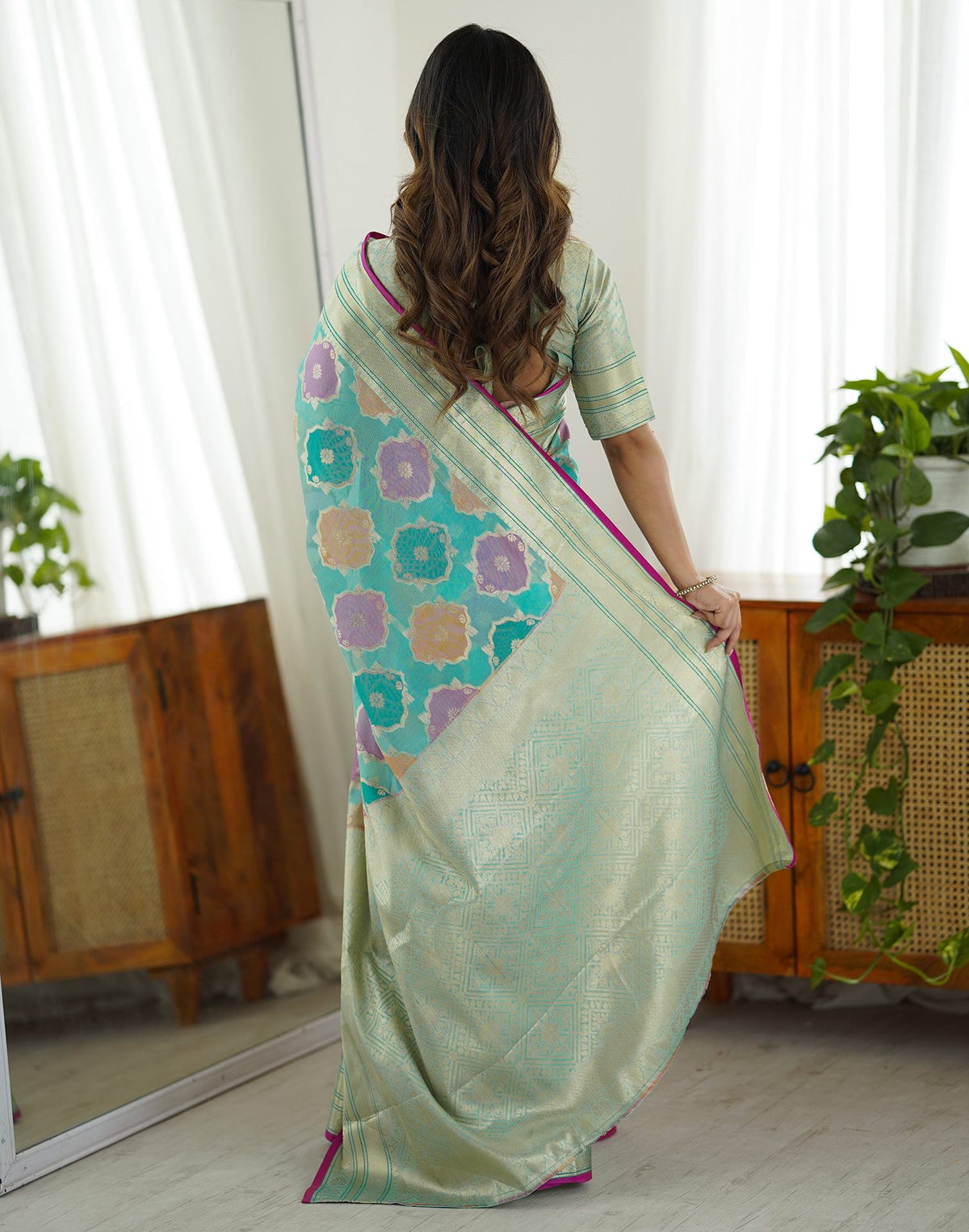 Light Turquoise Silk Woven Saree