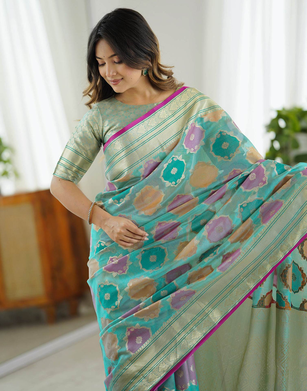 Light Turquoise Silk Woven Saree