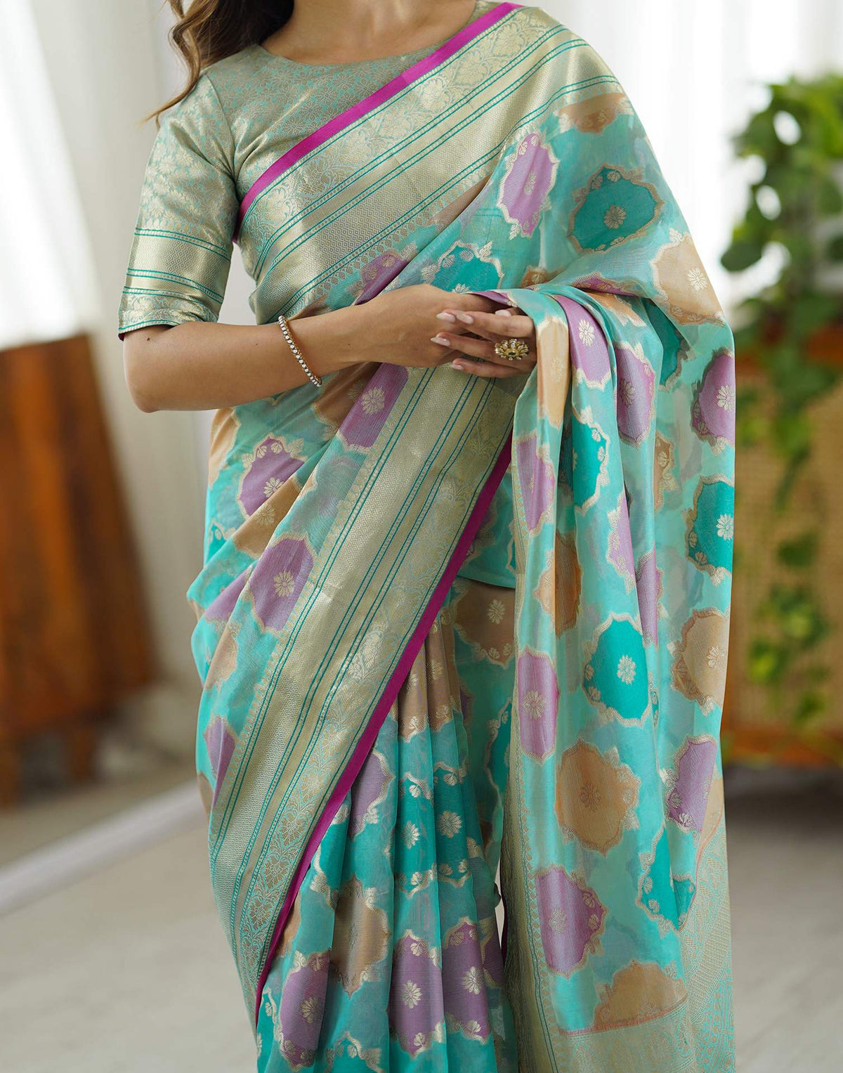 Light Turquoise Silk Woven Saree