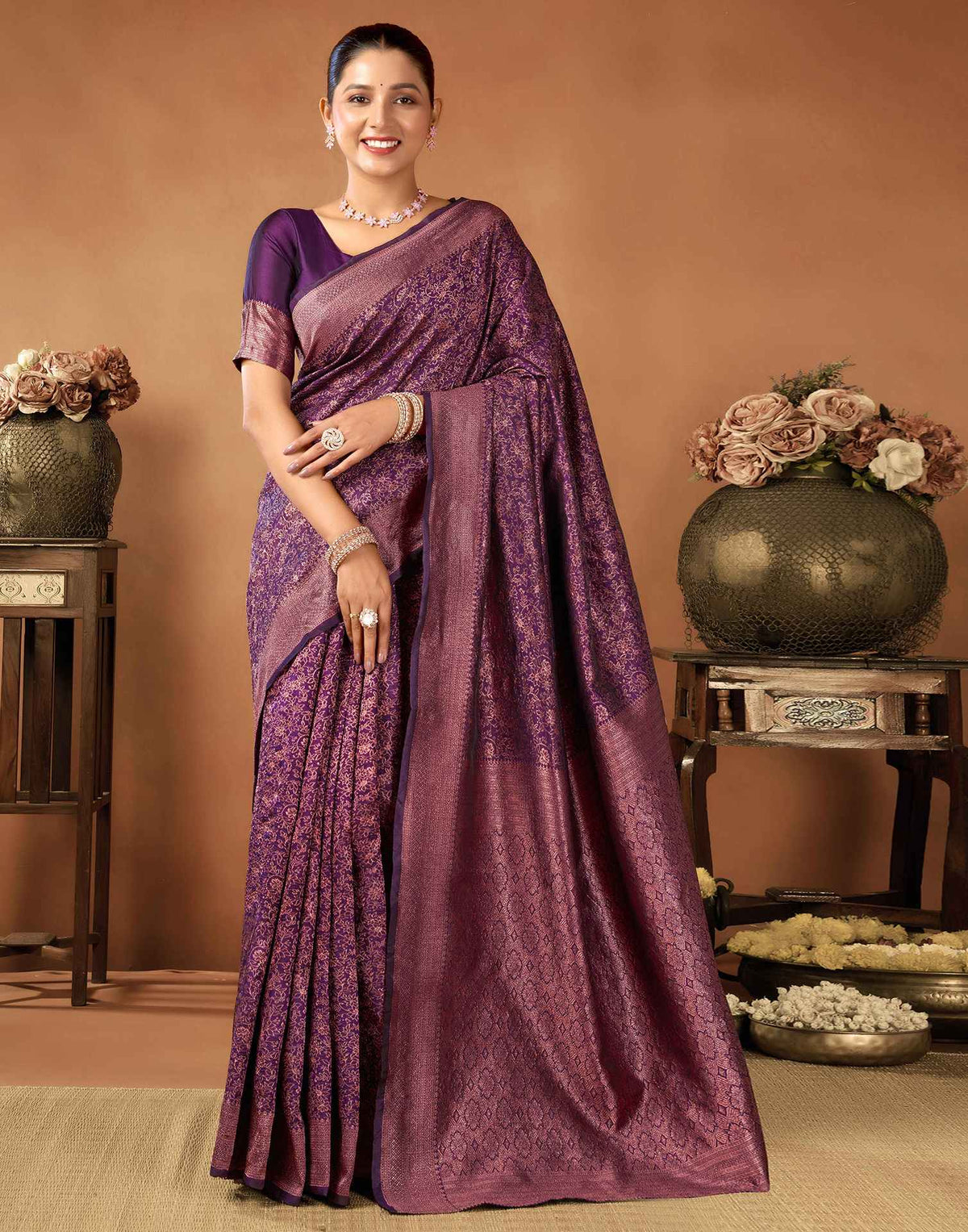 Wine Silk Woven Saree