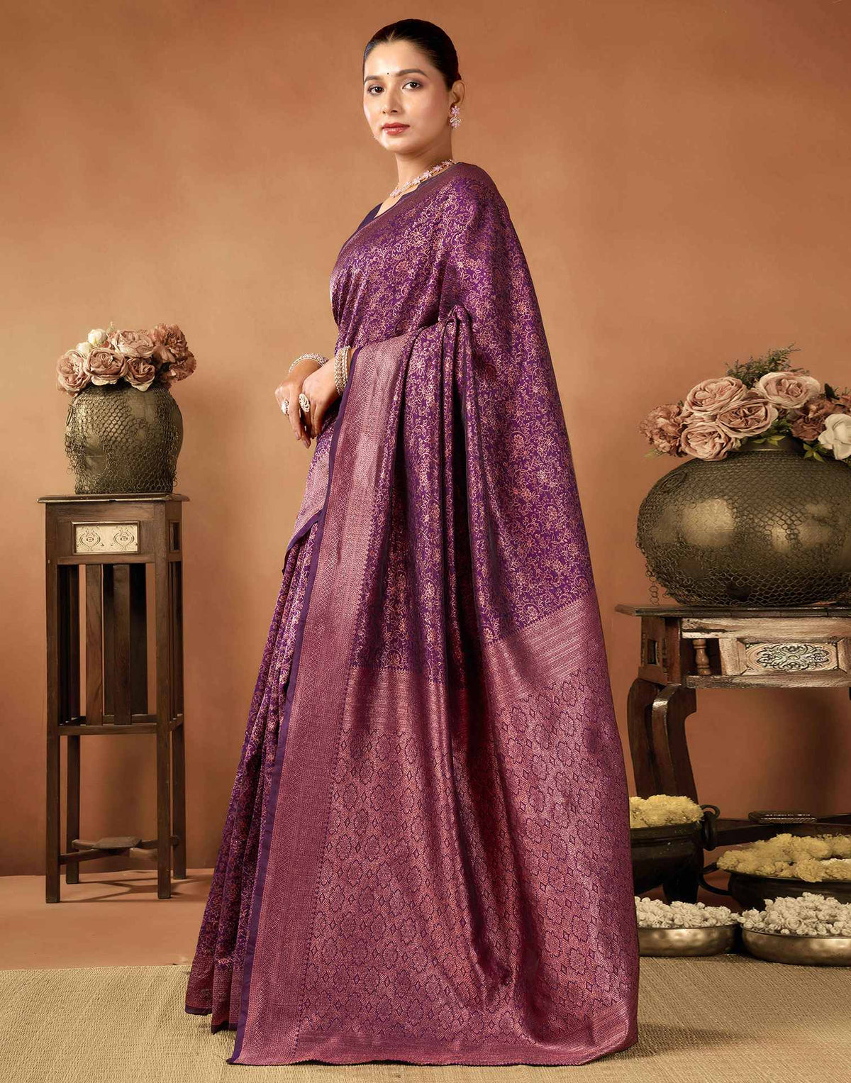 Wine Silk Woven Saree