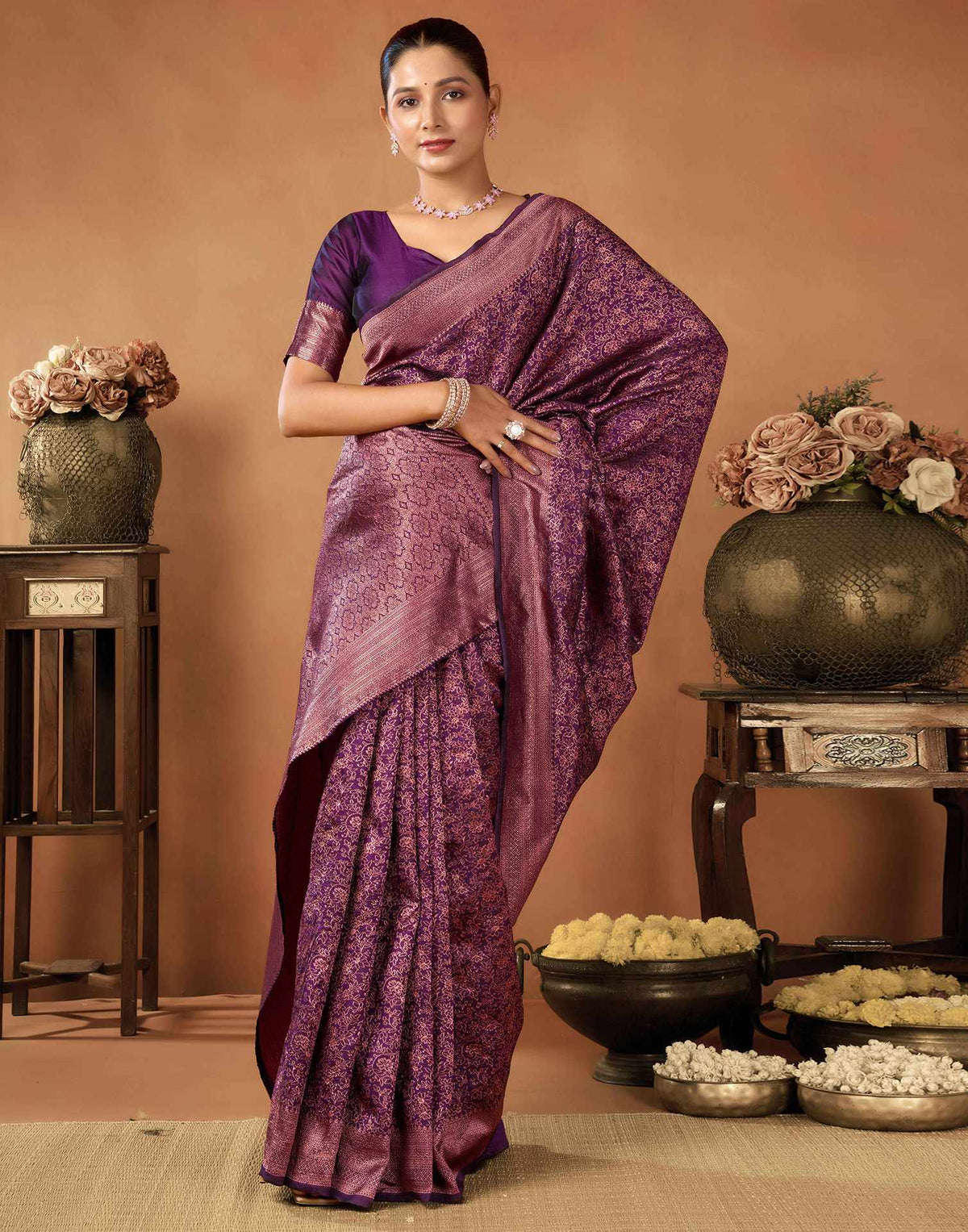 Wine Silk Woven Saree