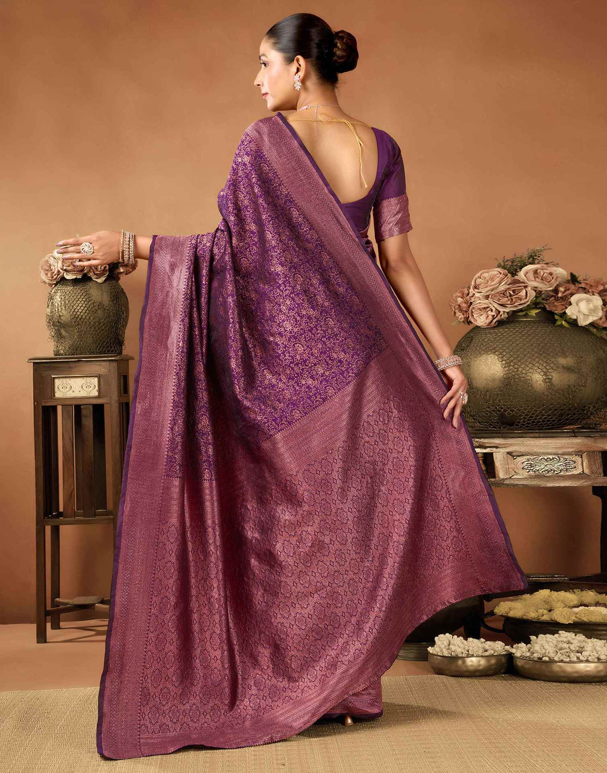 Wine Silk Woven Saree