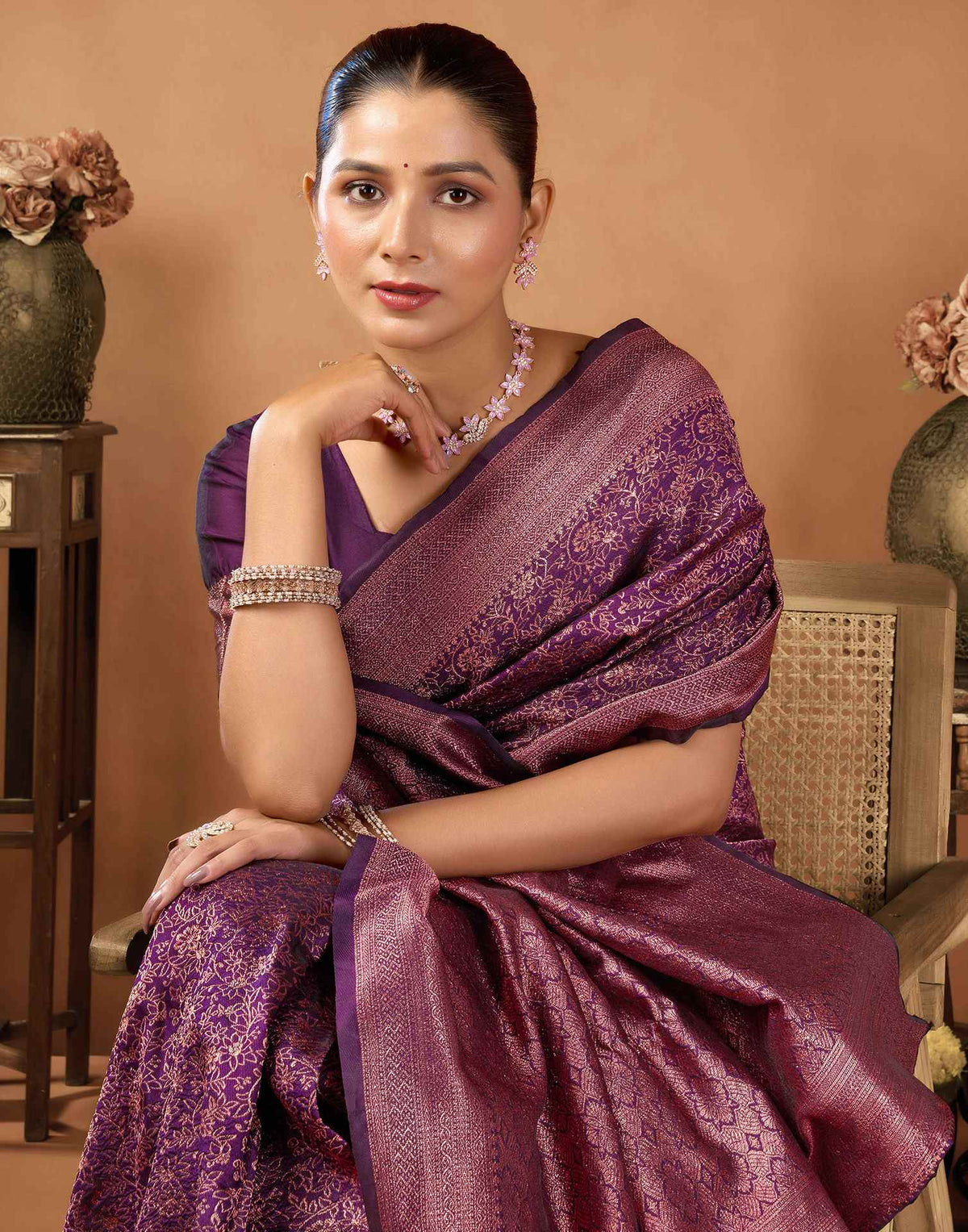 Wine Silk Woven Saree