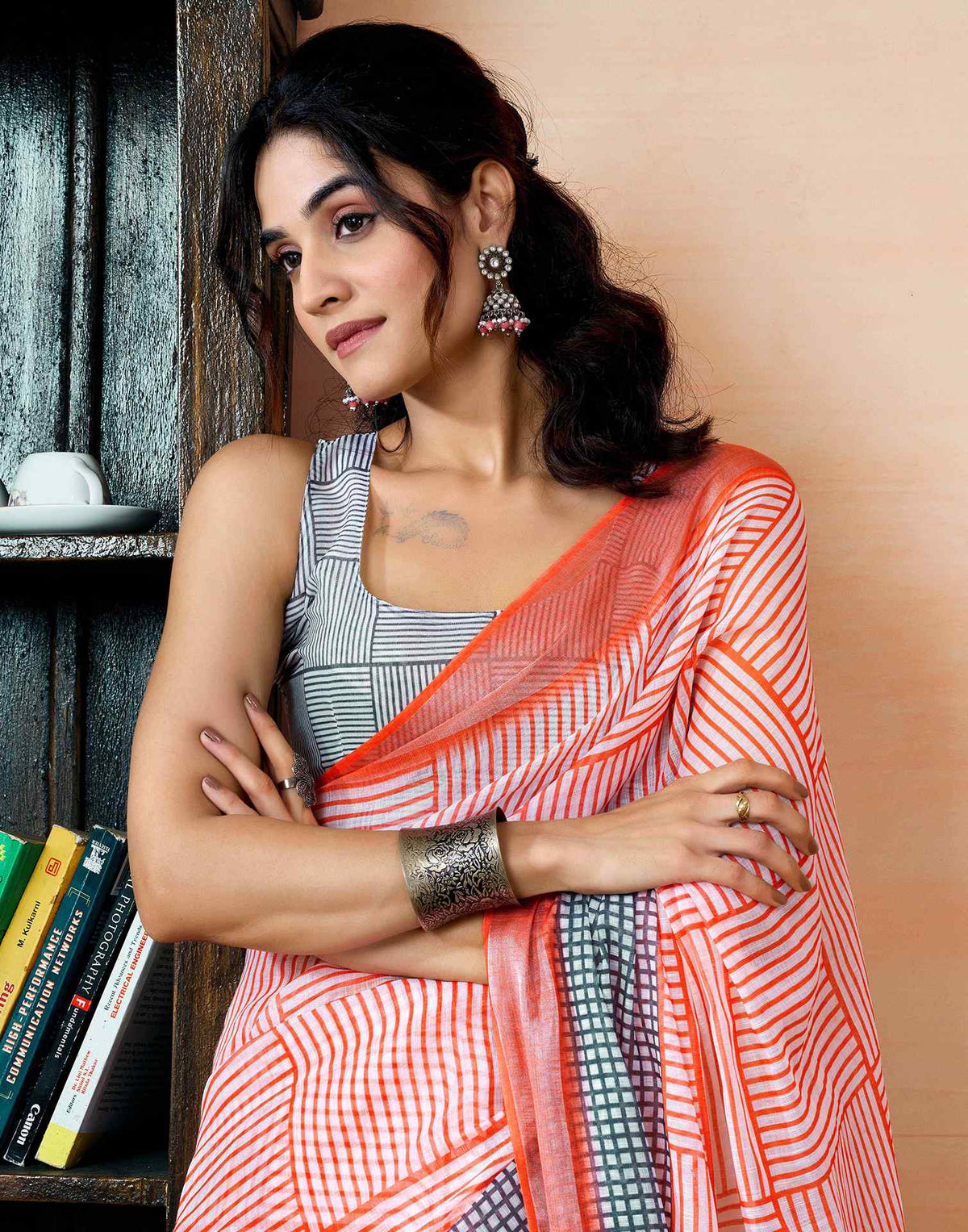 Ready To Wear Orange Linen Printed Saree With Pocket