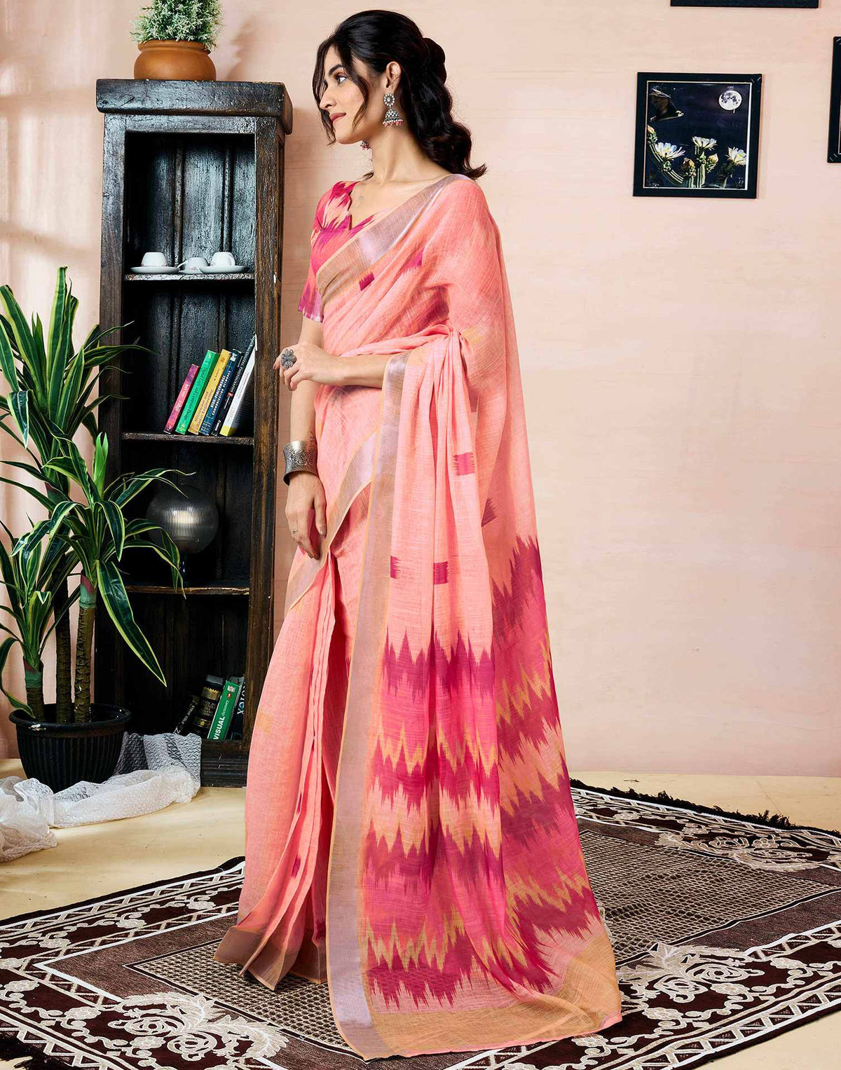 Ready To Wear Peach Linen Printed Saree With Pocket