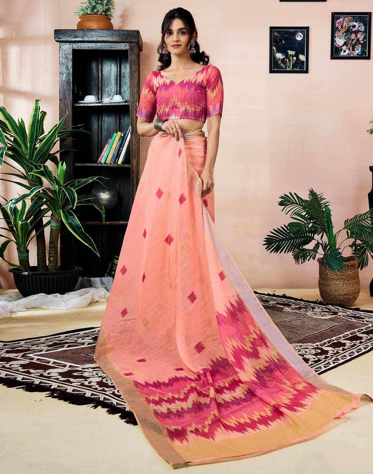 Ready To Wear Peach Linen Printed Saree With Pocket