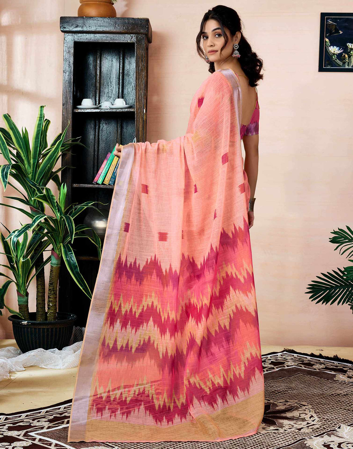 Ready To Wear Peach Linen Printed Saree With Pocket
