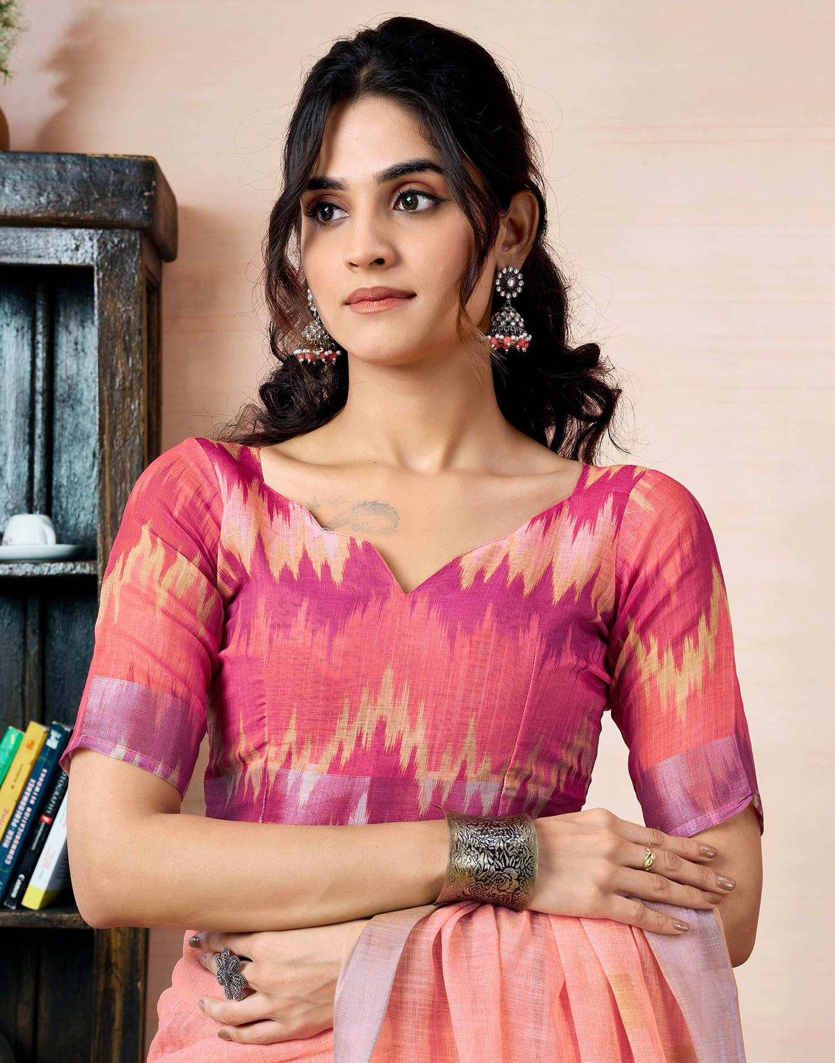 Ready To Wear Peach Linen Printed Saree With Pocket