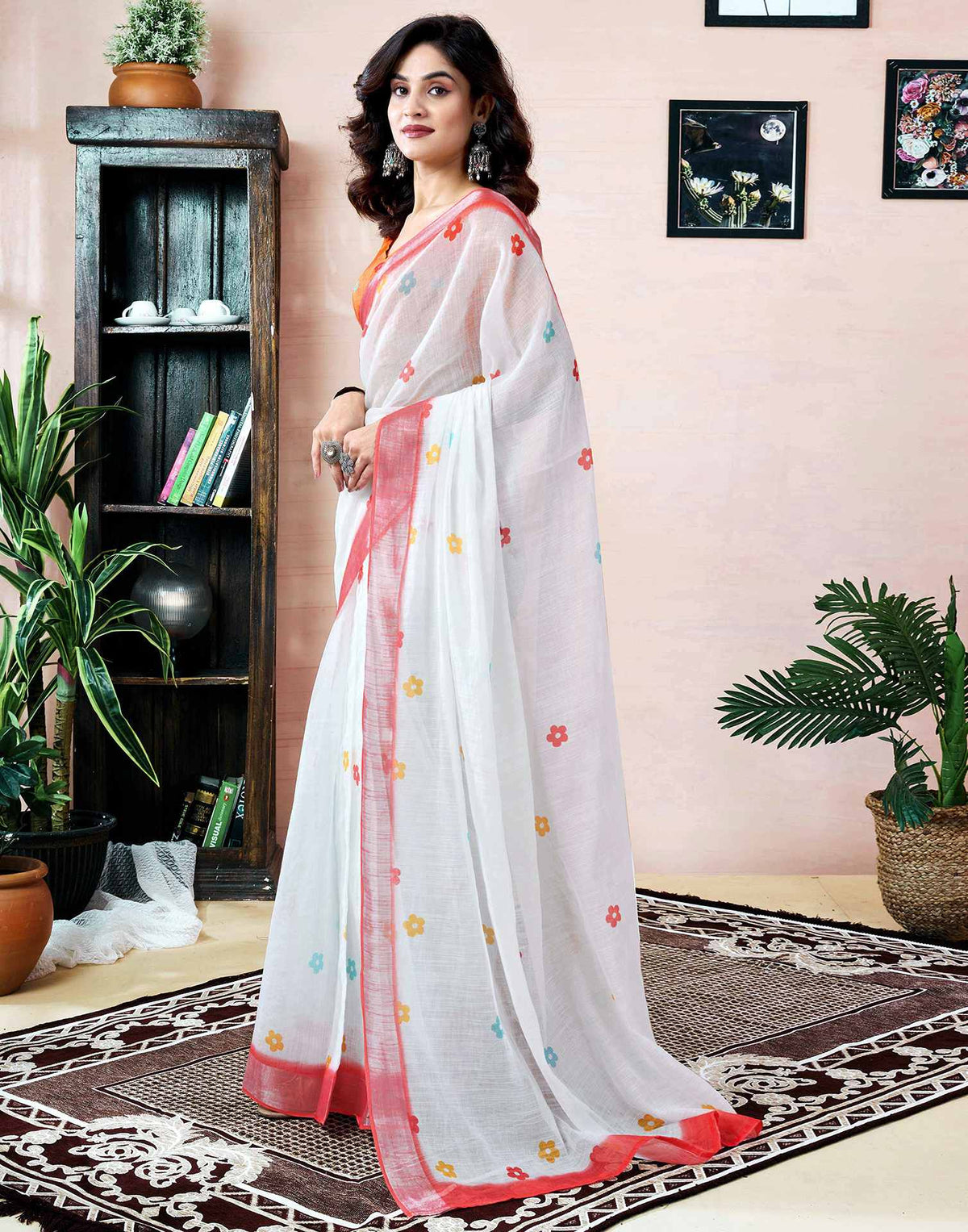 Ready to Wear White Linen Printed Saree With Pocket