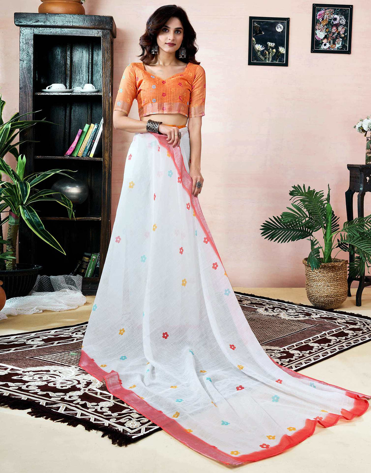 Ready to Wear White Linen Printed Saree With Pocket