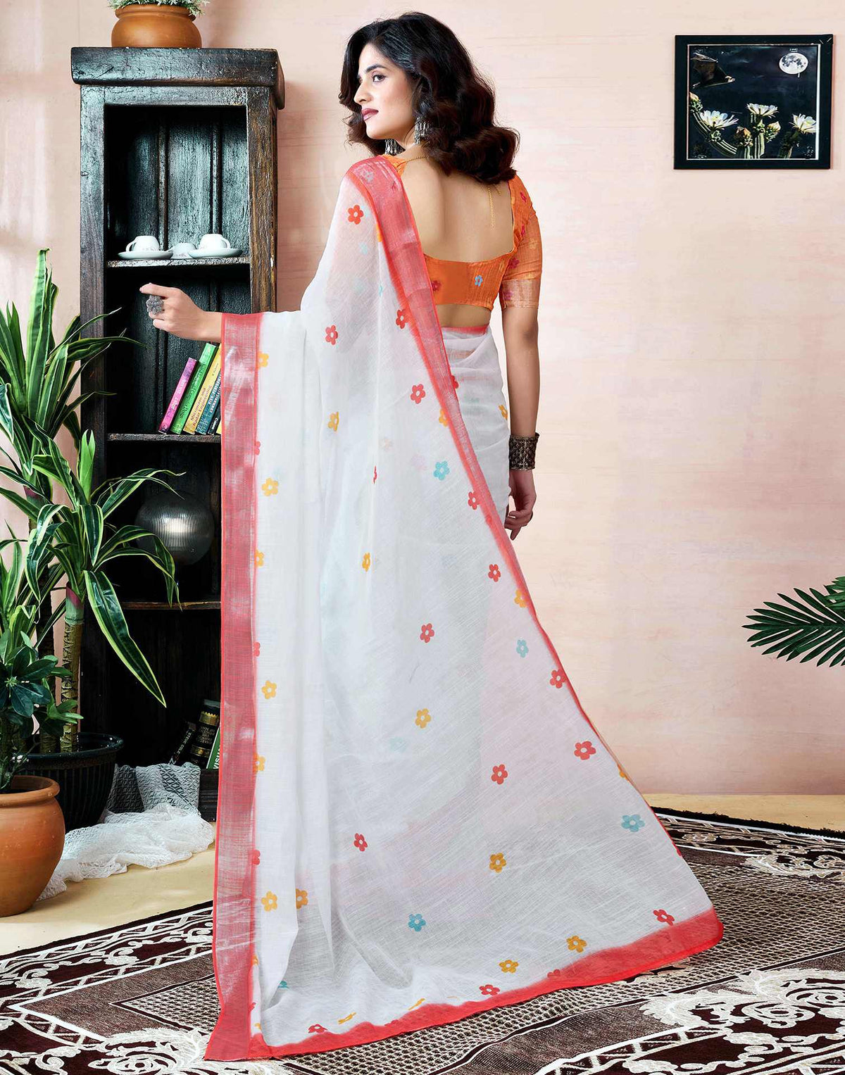 Ready to Wear White Linen Printed Saree With Pocket