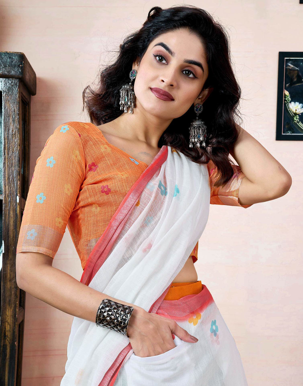 Ready to Wear White Linen Printed Saree With Pocket