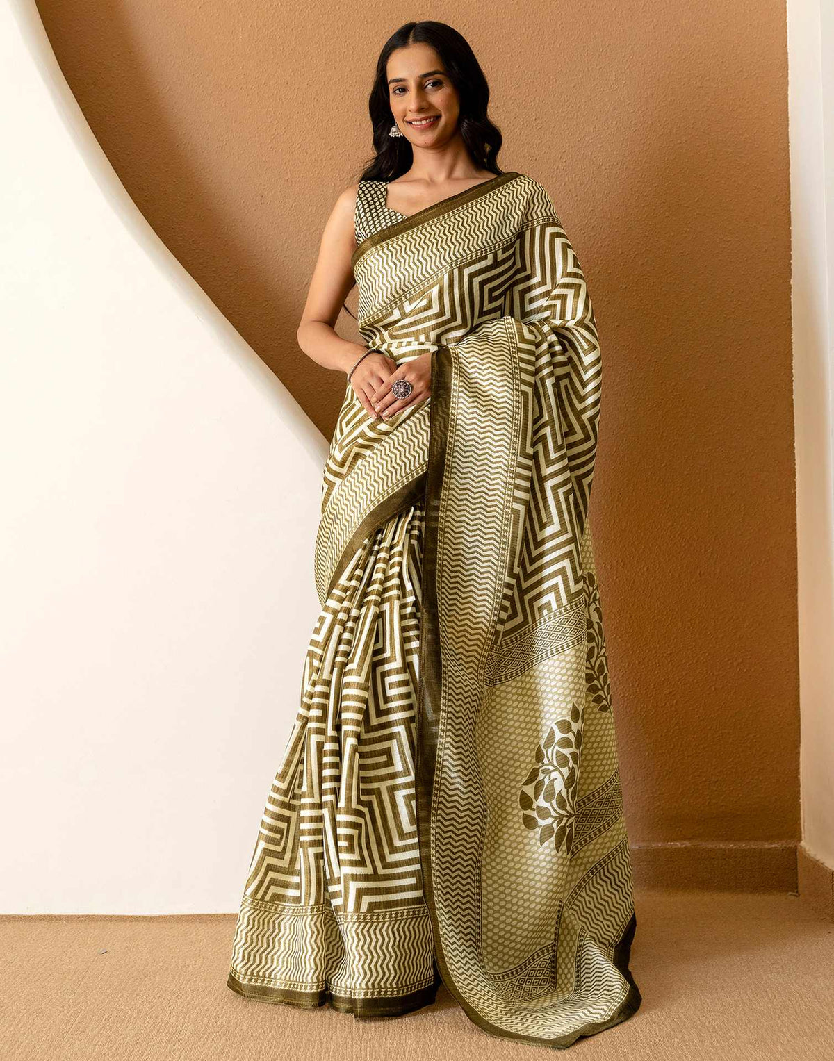 Khaki Khadi Printed Saree