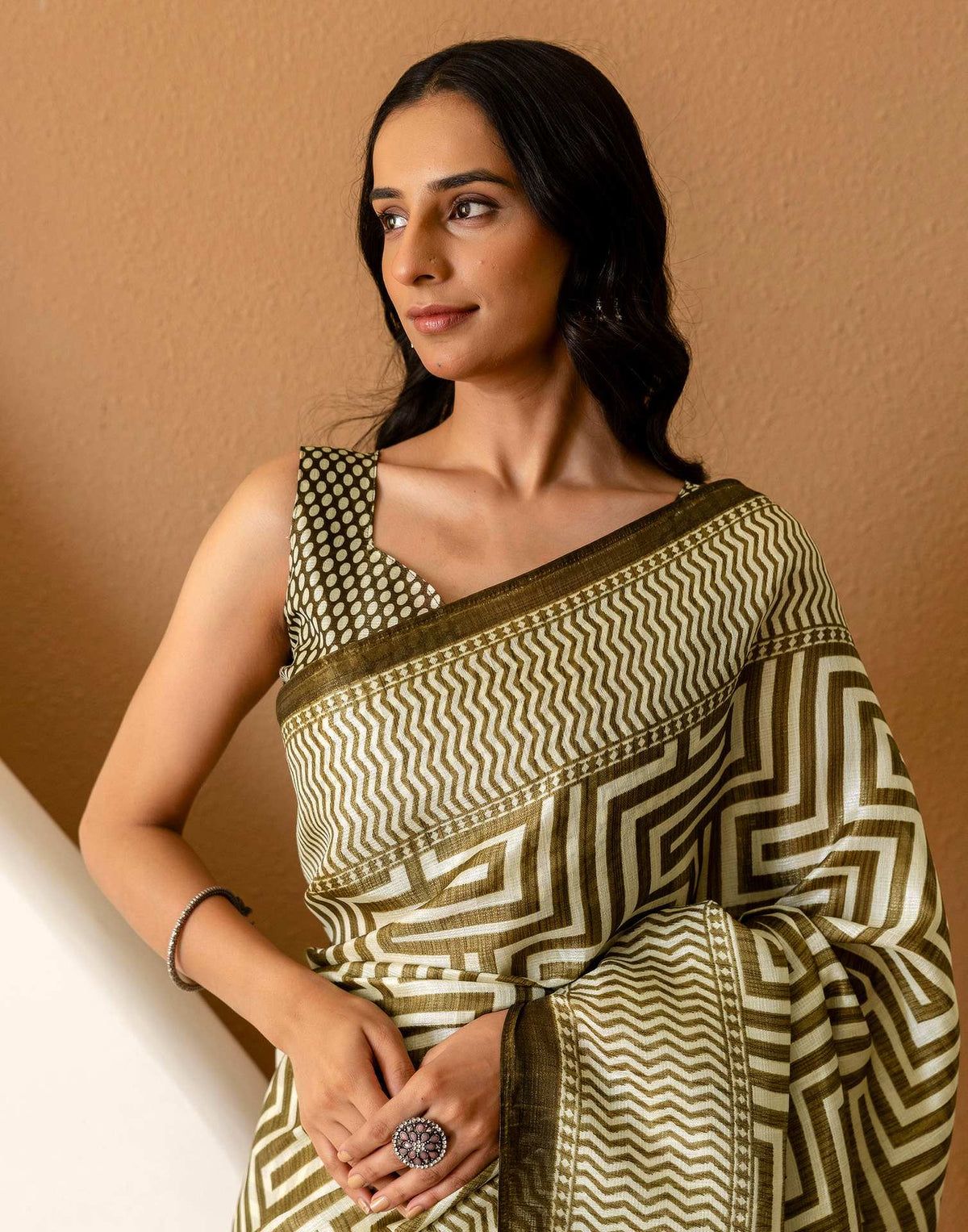 Khaki Khadi Printed Saree