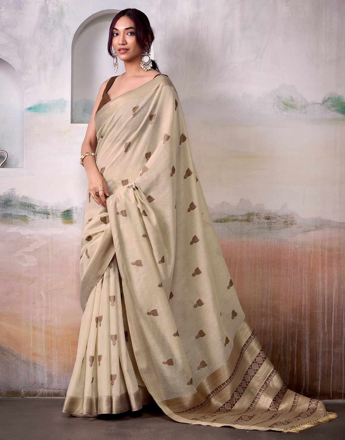 Tina Datta Beige Cotton Woven Zari Saree