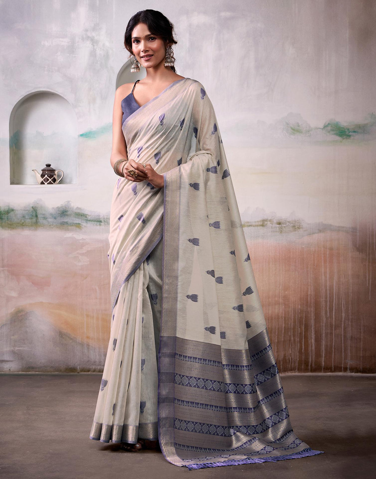 Off-White Cotton Woven Saree