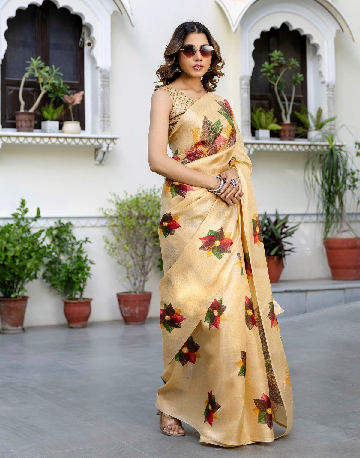 Cream Khadi Printed Saree