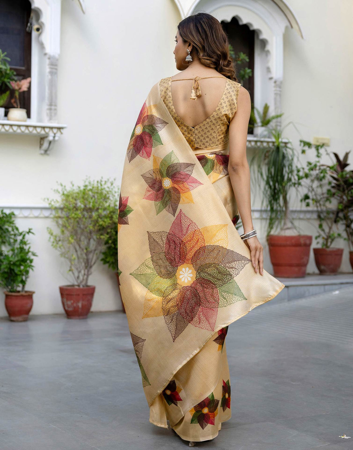 Cream Khadi Printed Saree