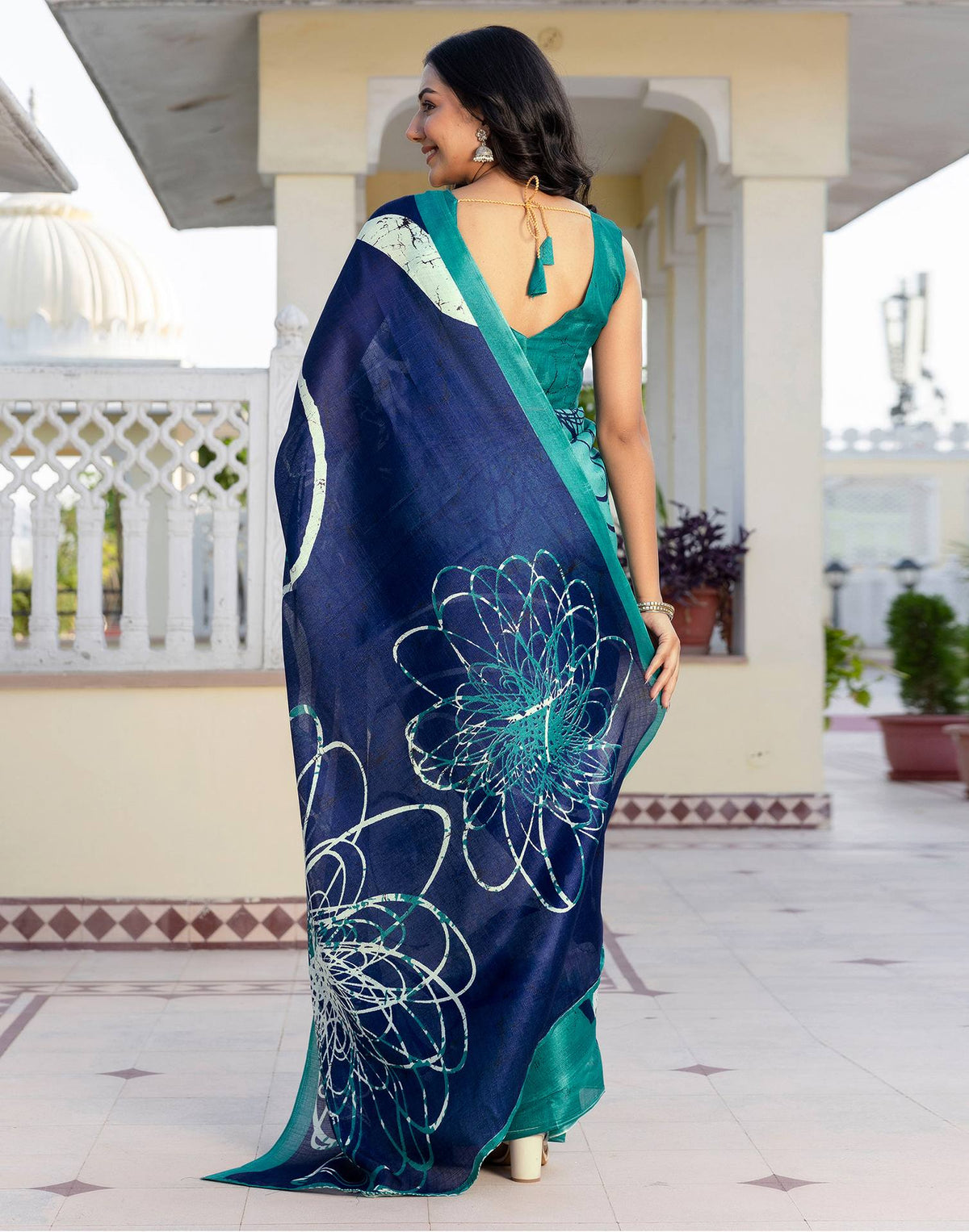 Navy Blue Khadi Printed Saree