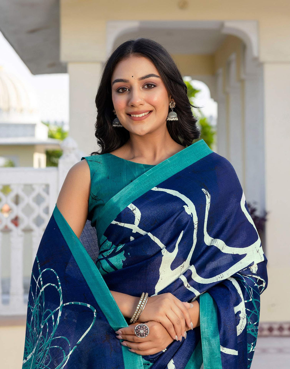 Navy Blue Khadi Printed Saree