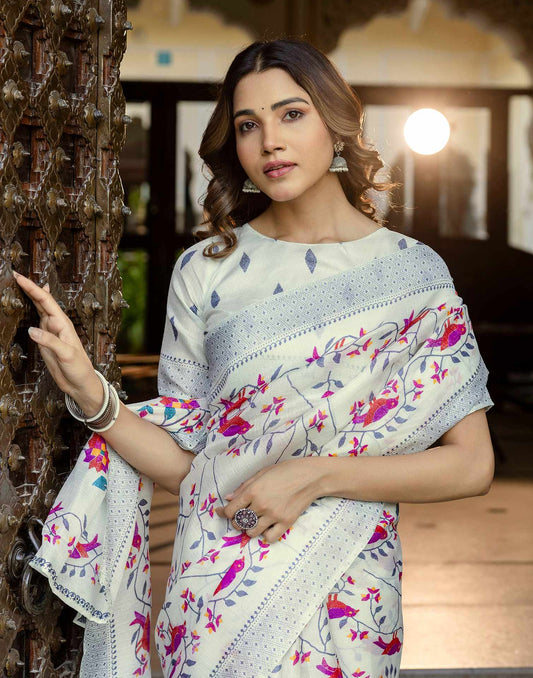 Off White Khadi Printed Saree