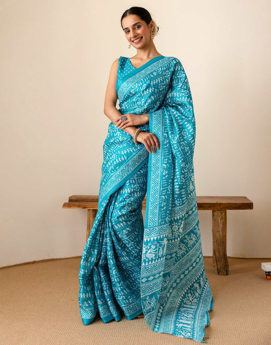 Teal Blue Khadi Printed Saree