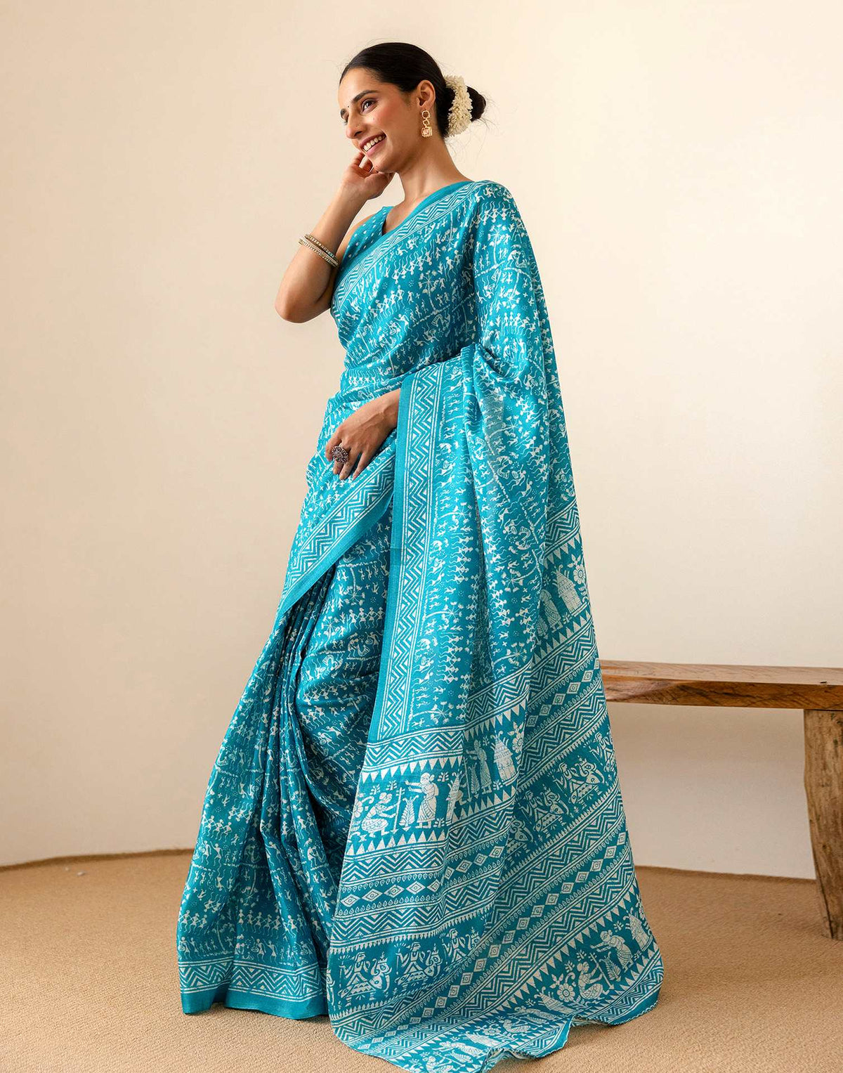 Teal Blue Khadi Printed Saree