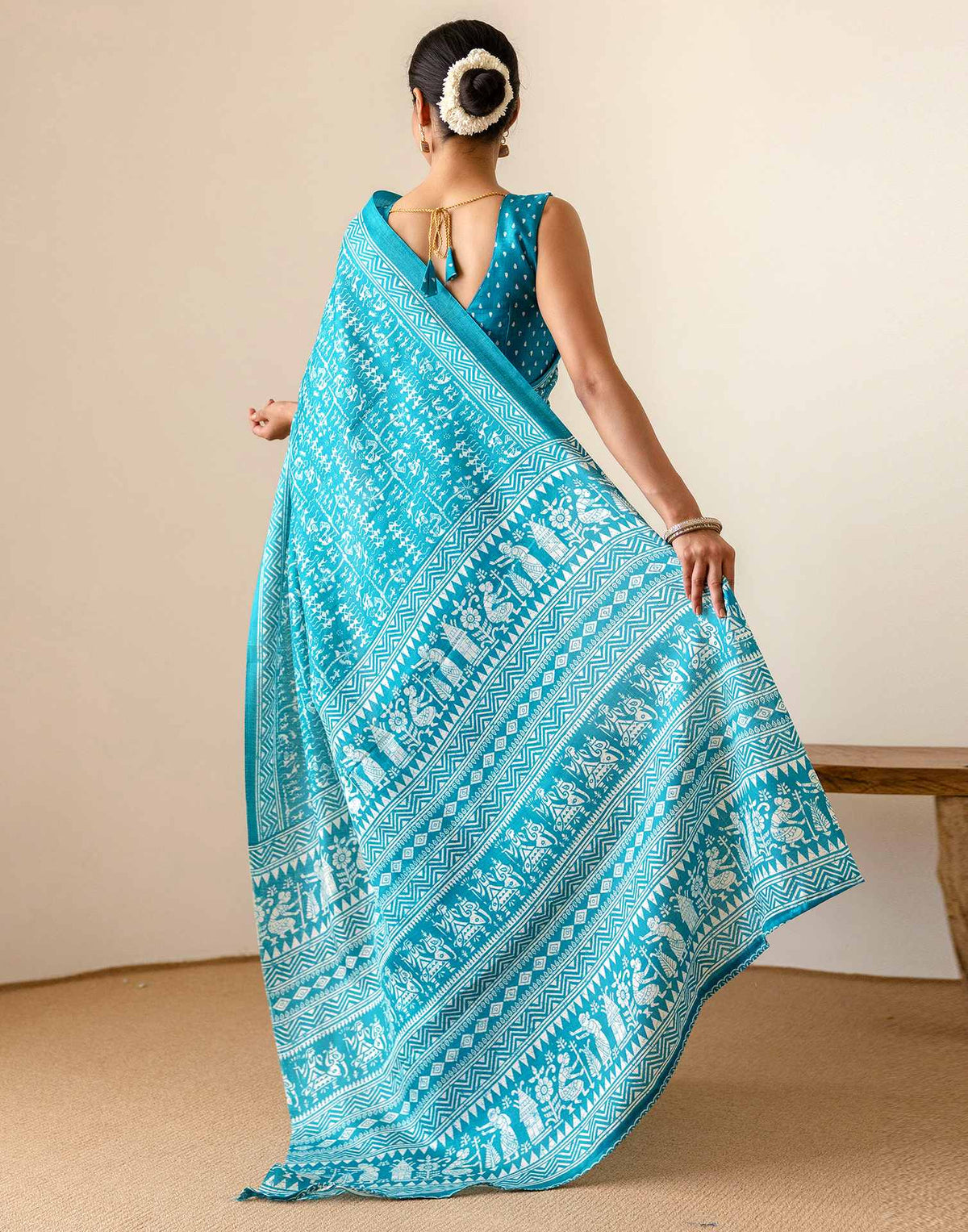 Teal Blue Khadi Printed Saree
