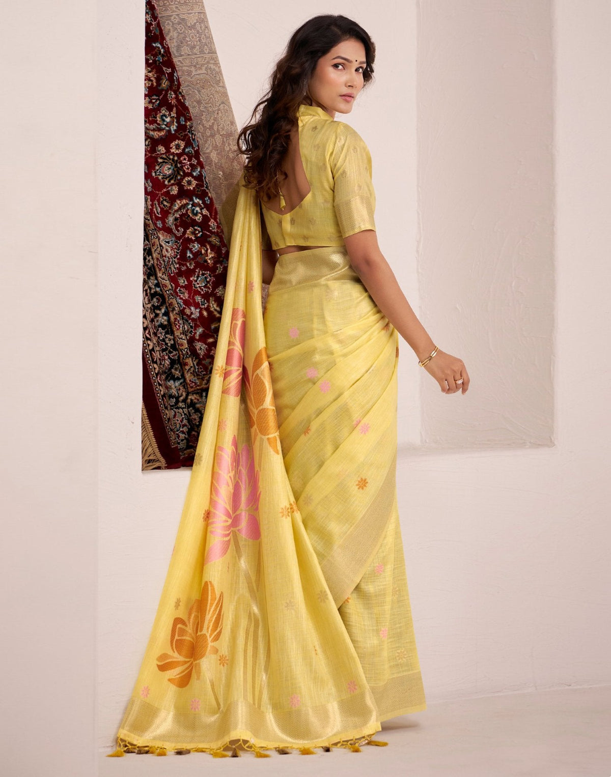 Light Yellow Linen Woven Saree