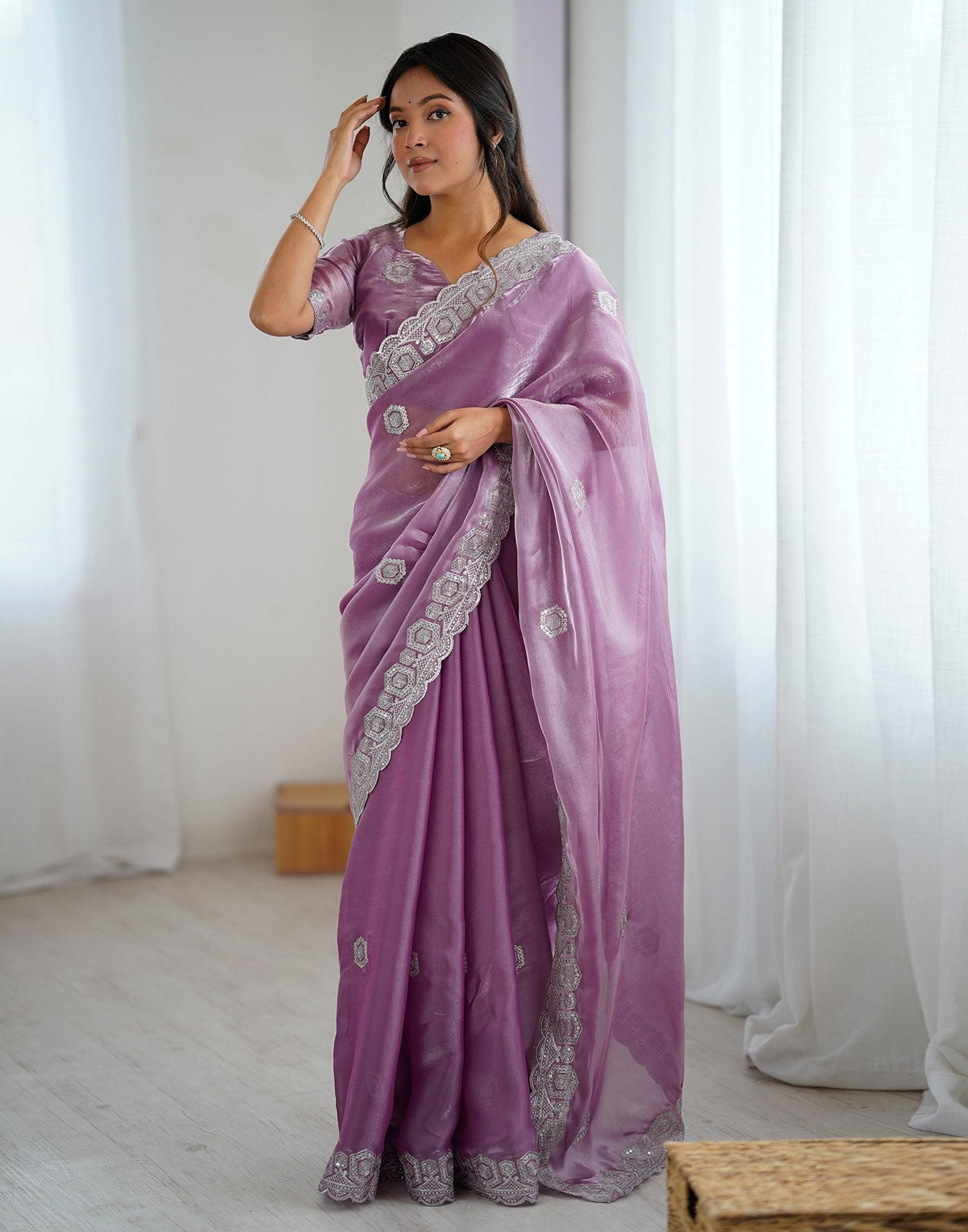 Light Purple Tissue Silk Embroidery Saree