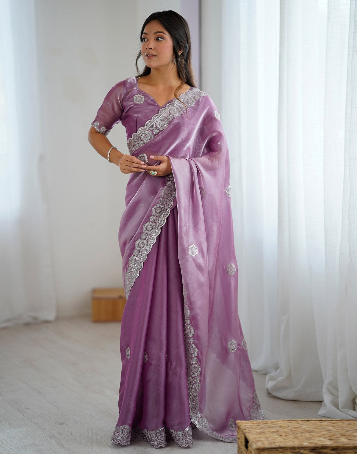 Light Purple Tissue Silk Embroidery Saree