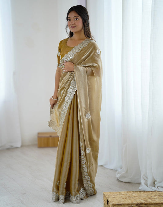 Dark Beige Tissue Silk Embroidery Saree